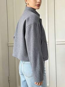Women's Chic Gray Stand Collar Button Detail Long Sleeve Regular Fit Coat For Home, Office, Vacation, Holiday, Spring Fall Winter - Grey - View 2