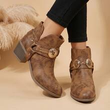 Light Brown Embroidered Western Style Ankle Boots With Strap Buckle, Convertible Detachable Design, Chunky Mid Heel, Round Toe, Comfortable Versatile Elegant Street Fashion Office Commute Daily All-Season Low-Top Boots - Brown - View 9