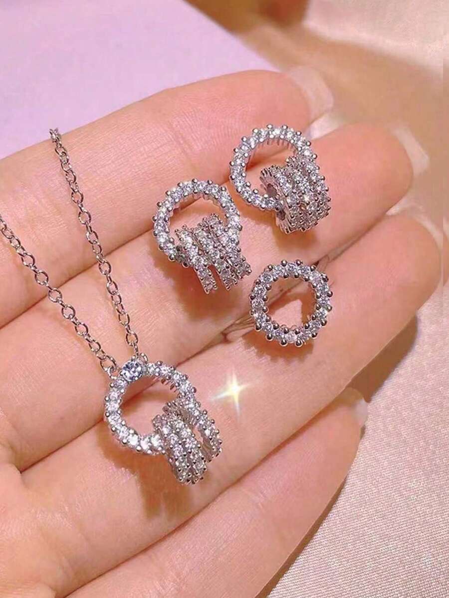 4入組多環項鍊耳環戒指套裝,適合女性各種場合配戴,伴娘婚禮裙飾配件,最好的朋友禮物 - 銀色 - 查看 1