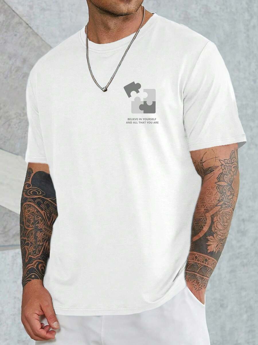 Believe In Yourself, Believe In Your Entire Being.Men's Short-Sleeved Round-Neck Printed T-Shirt, Plus Size, Comfortable And Versatile, Suitable. - White - View 1