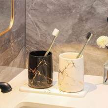 1pc White Toothbrush Cup - Toothbrush Not Included, Nordic Style Marble Pattern Ceramic Mouthwash Cup. - A - View 7