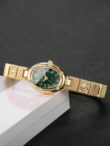 Women's Bracelet Watch Oval Dial With Rhinestones And Roman Numerals, Elegant Quartz Watch, Gift For Girlfriend (1pc/Set) Watch Box Not Included - Gold - View 7