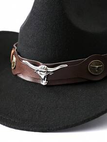 1pc Pure Black Faux Wool Western Cowboy Hat With Dark Brown Leather Hat Band, Decorated With Silver Bull Head Badge And Vintage Metal Round Buckle, Black And Brown Contrast Cool Style, Shapeable Wide Brim, Outdoor Travel Photography Western Style Versatile Sun Protection Hat, Unisex - Top Hat - View 5