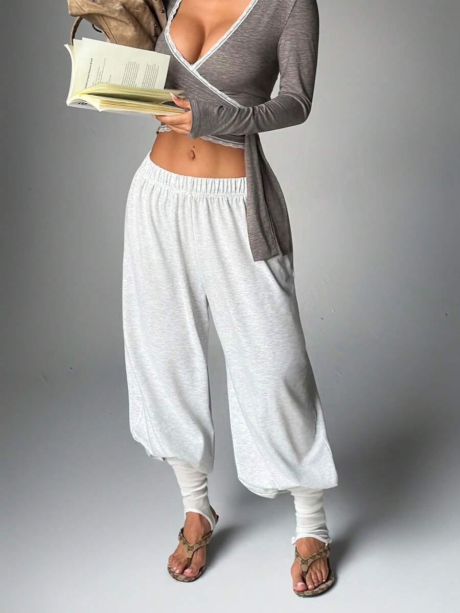 Women's Casual Versatile Solid Color Lantern Pants, White Summer Vacation Sports - Light Grey - View 1