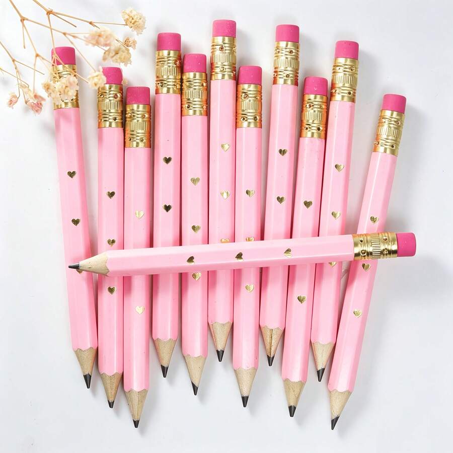 12 /27Pieces Bridal Shower Pencils Half Golf Pencils With Erasers Pre Sharpened 4 Inch 2 HB Mini Hexagon Wedding Pens For Bridal Shower Favors Office(Pink, - B-Pink - View 1