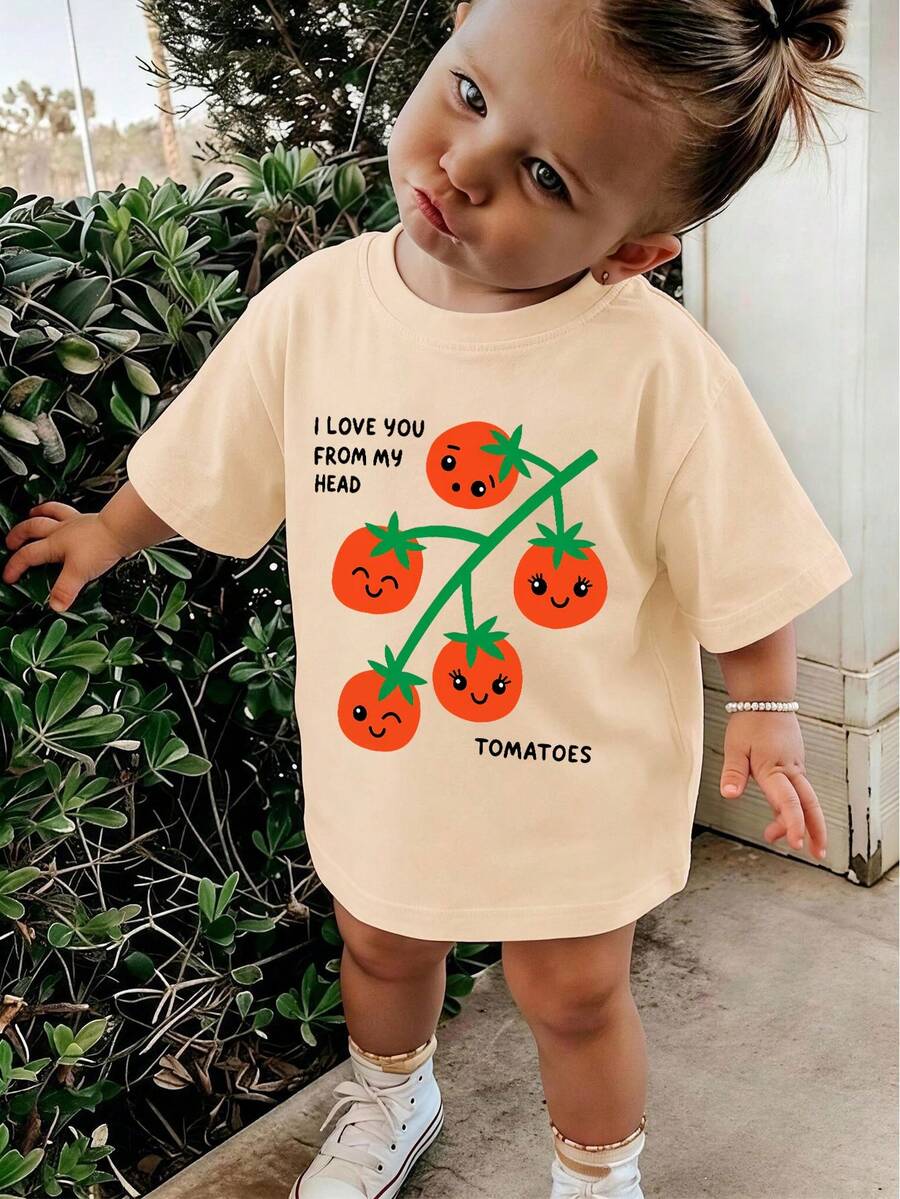 新生兒夏季休閒短袖T恤,圓領上衣,印有趣味番茄圖案與「I LOVE YOU FROM MY HEAD TOMATOES」文字 - 杏色 - 查看 1