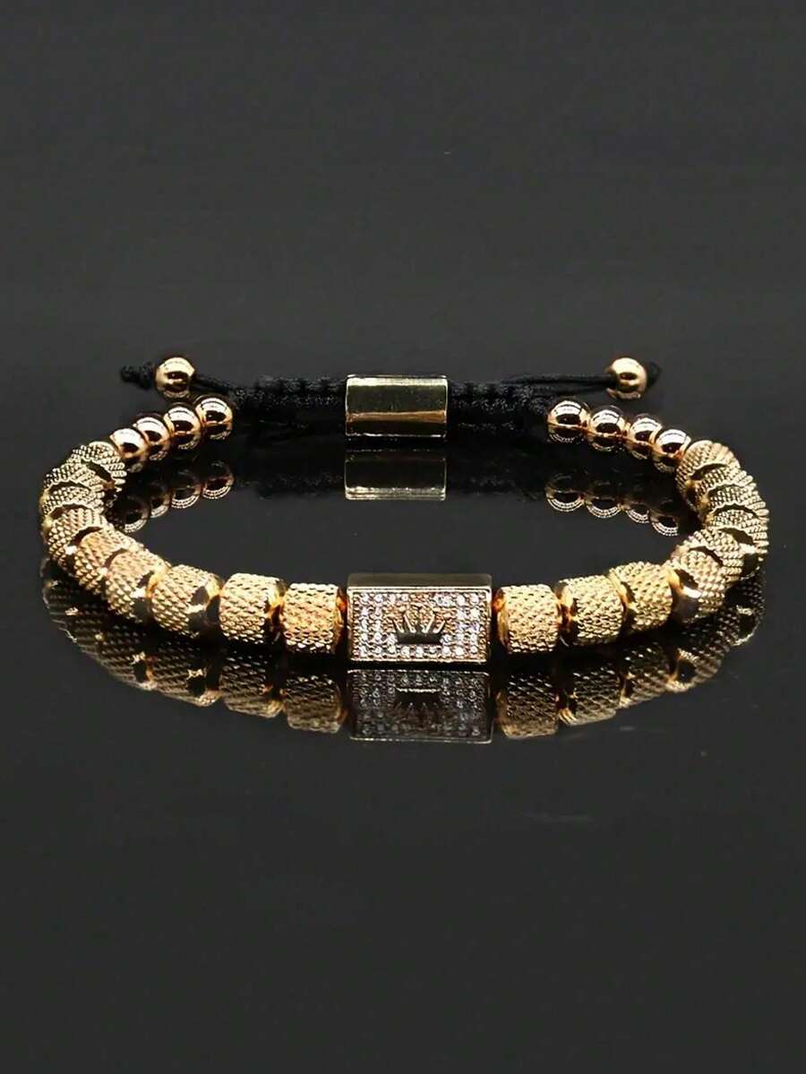 1pc Luxury Stainless Steel Crown Decor Braided Rope Bracelet, Suitable For Daily Wear, Can Be Given As A Gift To Boyfriend, Friend, Birthday Party (Bead Quantity Randomly Matched Combination)