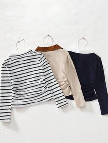 Setelan 3 Potong Kemeja Polo Gaya Preppy untuk Anak Perempuan, Kaos Lengan Panjang Kerah Bergaris & Polos, Pakaian Kasual Lucu untuk Anak Perempuan Remaja Musim Gugur dan Musim Semi - MultiWarna - View 3