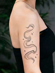 1 Sheet Abstract Swirl Cloud Star Temporary Tattoo Stickers, Black Outline Wavy Streamline Sparkle Design Waterproof Fake Tattoos Upper Arm Shoulder Body Stickers Unisex Minimalist Styling - Black - View 2