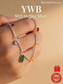 S925 Sterling Silver Colorful CZ Rainbow Beaded Pendant Necklace For Women DD3524 - Silver - View 1