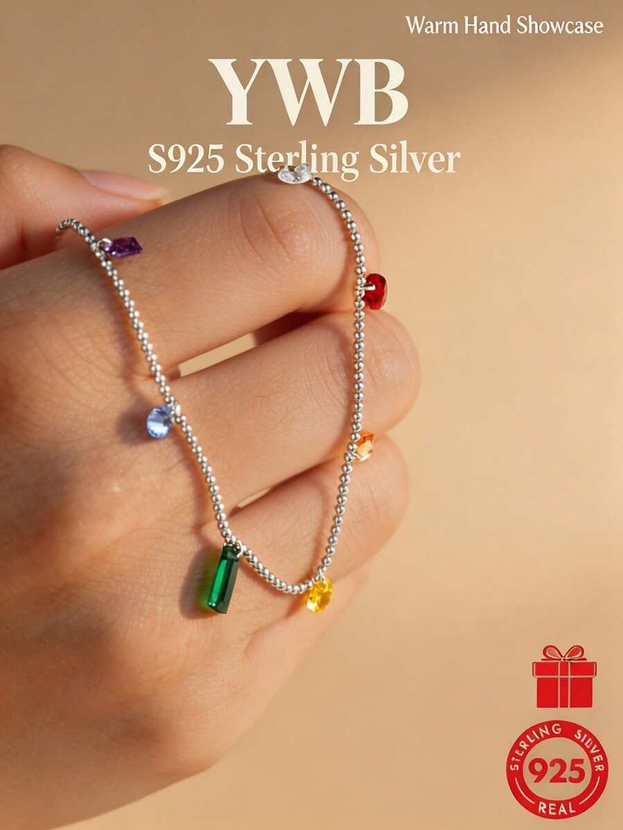 S925 Sterling Silver Colorful CZ Rainbow Beaded Pendant Necklace For Women DD3524 - Silver - View 1