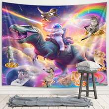 "Astronaut Riding A Dinosaur" Tapestry, Japanese-Style Wall Decor, Aesthetic Bedroom Decoration, Fun Cat Tapestry For Kids - Multicolor - View 3