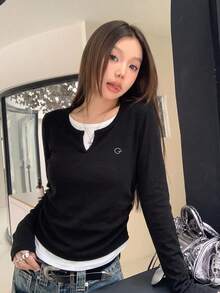 美式休閒刺繡設計 2 合 1 收腰長袖 T 恤，修身顯瘦春季上衣，黑色 - 黑色 - 查看 1