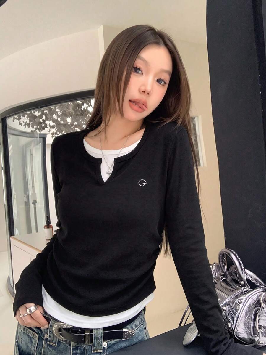 美式休閒刺繡設計 2 合 1 收腰長袖 T 恤,修身顯瘦春季上衣,黑色 - 黑色 - 查看 1