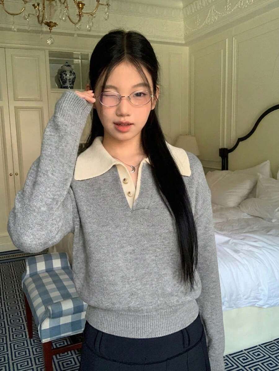 女款拼色優雅小眾設計針織毛衣,翻領設計,柔軟風格打底上衣,秋冬款 - 灰色 - 查看 1