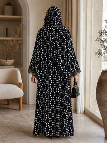 Hafizah Women's New Polka Dot Chiffon Cardigan Abaya With Headscarf, Lace Patchwork Fashion Long Robe - Black - View 5