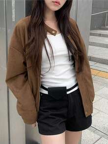 女款復古立領拉鍊機車夾克外套，秋冬款 - 棕色 - 查看 8