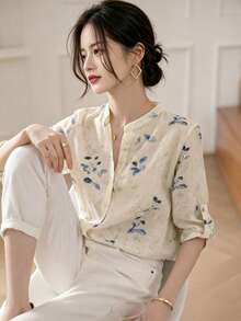 YUXIN 女款霧藍色水彩花卉立領七分袖上衣，捲袖口修身透氣上衣，春夏辦公度假印花襯衫 - 鵝黃色 - 查看 2
