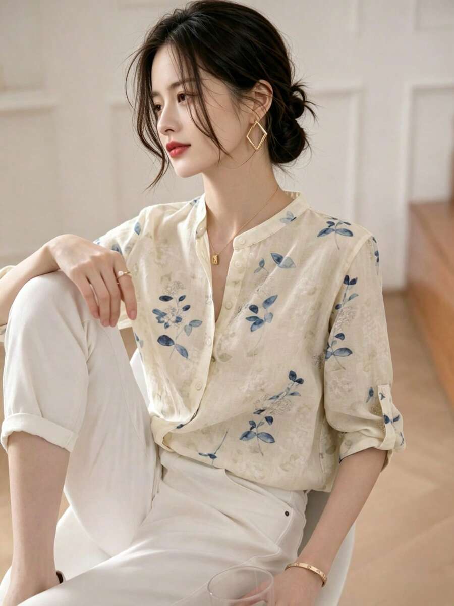 YUXIN 女款霧藍色水彩花卉立領七分袖上衣，捲袖口修身透氣上衣，春夏辦公度假印花襯衫