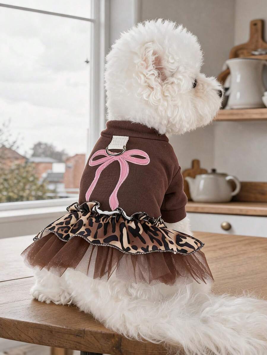PETCIRCLE 1件寵物衣服 小狗幼犬貓咪適用 可愛奢華淑女風 保暖豹紋甜心連身裙 拍照拍攝用 - 彩色 - 查看 1