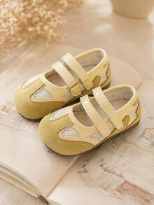 1 Pair 2026 New Dual Hook & Loop Mesh Kids Flat Shoes, Suede Patchwork Breathable Mesh Design, Minimalist Korean Style, Suitable For Daily Wear And Outfits - Yellow - View 2