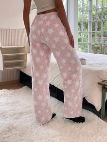 1pc Women's Pink & White Star Print Soft Comfortable Flannel Thermal Lined Pajama Pants, Autumn/Winter - Pink - View 2