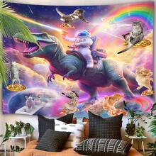 "Astronaut Riding A Dinosaur" Tapestry, Japanese-Style Wall Decor, Aesthetic Bedroom Decoration, Fun Cat Tapestry For Kids - Multicolor - View 4