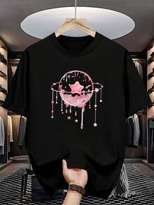 Plus-Size Men's Casual Round-Neck T-Shirt - Short Sleeve With Geometric Design, Polyester Knit Fabric, Slightly Elastic. - 黑色 - 查看 1