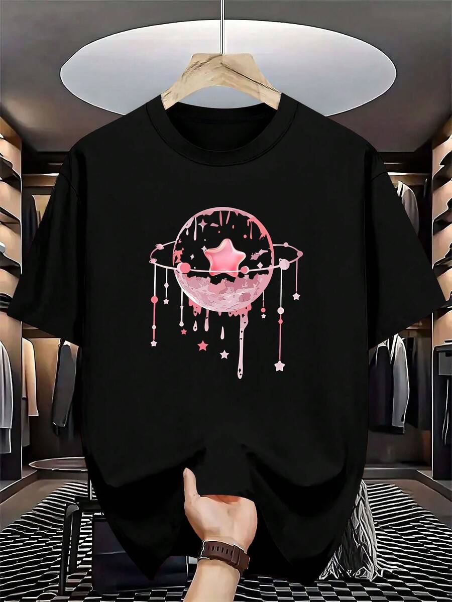 Plus-Size Men's Casual Round-Neck T-Shirt - Short Sleeve With Geometric Design, Polyester Knit Fabric, Slightly Elastic. - 黑色 - 查看 1