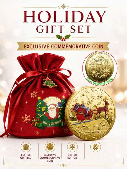 1 Set Christmas Commemorative Coin Gift Set, Perfect Christmas Collectible Set, Includes Commemorative Coin And Drawstring Gift Bag, Commemorative Coin With Golden Reindeer Sleigh Santa Claus, Reverse Side Marked "Merry Christmas" + Tree Santa Claus Gift Bag, Suitable As Christmas Gift For Colleagues, Friends, Family, Employees, Teachers, Christmas, Thanksgiving, New Year, Party Gift Fillers