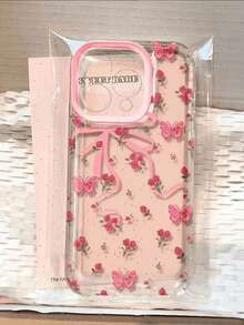 Full Screen Pink Floral Bow Phone Case Compatible With IPhone 17 Pro 16 Plus 14 13 12 11 Soft Shell Creative Cute Shockproof Protective Cover - Pink - View 1
