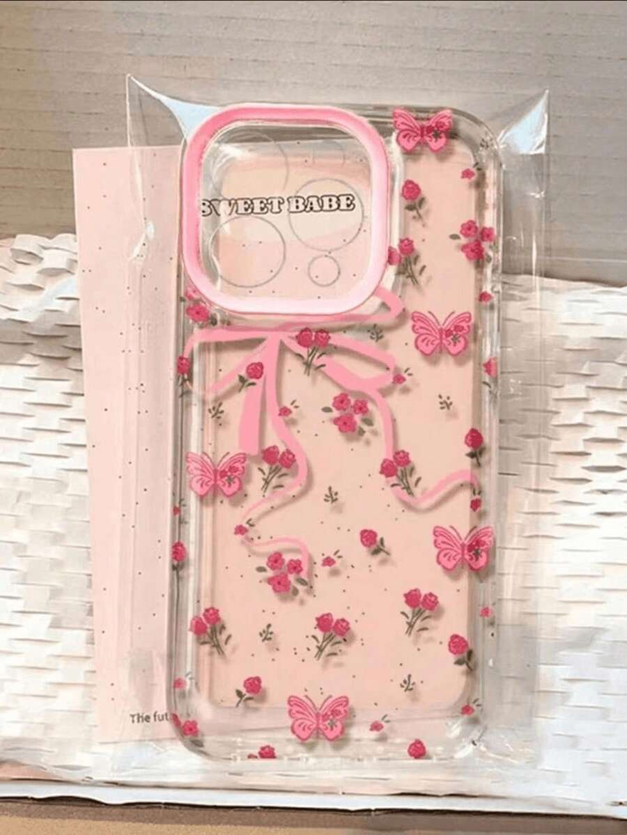 Full Screen Pink Floral Bow Phone Case Compatible With IPhone 17 Pro 16 Plus 14 13 12 11 Soft Shell Creative Cute Shockproof Protective Cover - Pink - View 1