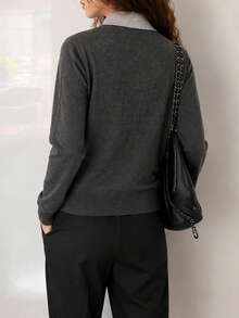 Women's Autumn Casual Minimalist 2 In 1 Lapel Cardigan Knit Sweater Fall - Grey - View 2