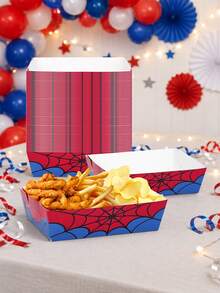 10pcs/30pcs/50pcs Halloween Spiderweb-Patterned Paper Food Trays Featuring A Red And Blue Design; Disposable Containers Suitable For Holding Snacks, Cookies, And Candy Perfect For Halloween, Day Of The Dead, And Birthday Party Decor. - Multicolor - View 6