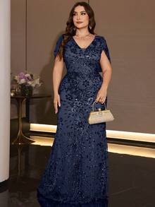 XUIBOL Women's Elegant Plus Size Sequin Mermaid Evening Gown, V-Neck Petal Sleeve Design, Perfect For Formal Dinner And Guest Attire - Navy Blue - View 6
