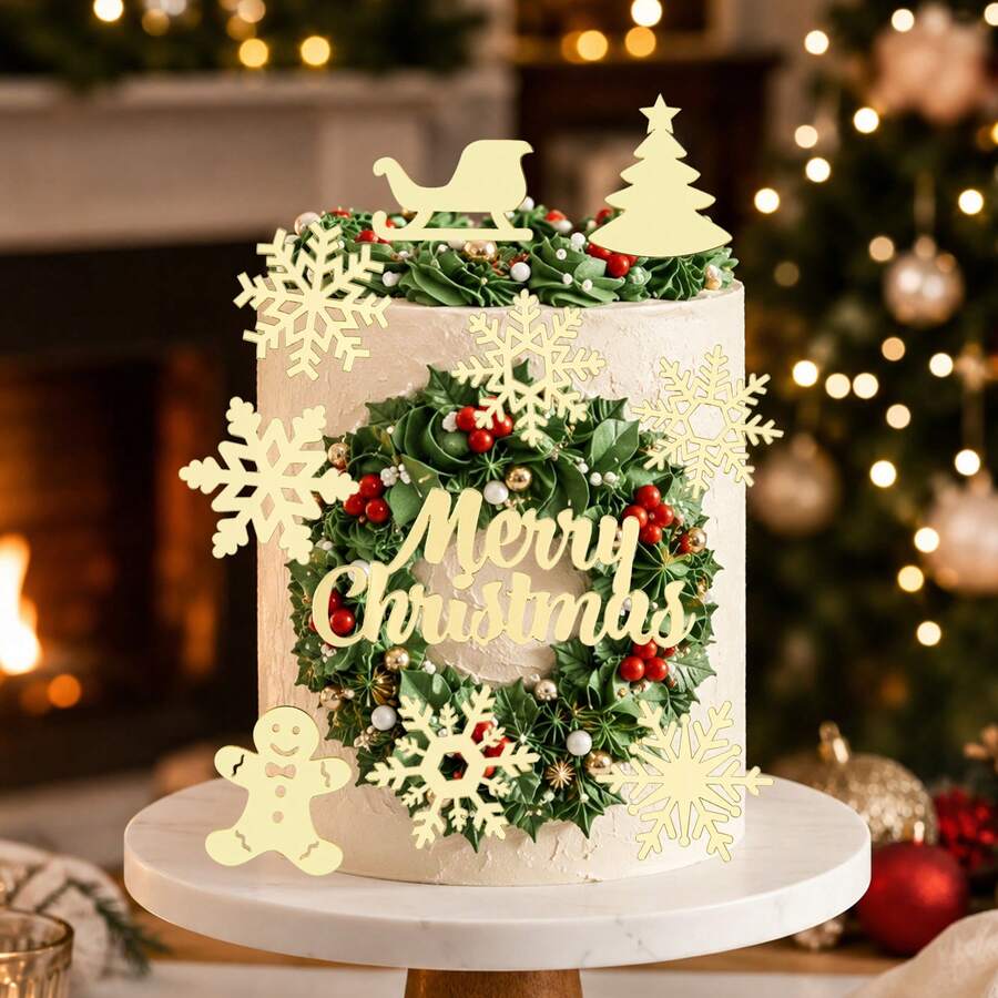 1 set/2 set Perlengkapan Hiasan Kue Akrilik Cermin Emas Selamat Natal, Kepingan Salju, Manusia Kue Jahe, Kereta Luncur, Tusuk Kue Huruf Pohon Pinus Mini, Dekorasi Meja Hidangan Penutup Pesta Natal Liburan Musim Dingin