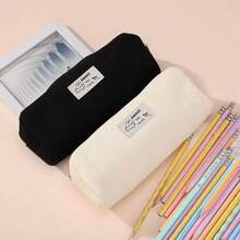 Minimalist Pure Black Canvas Pencil Case, Cute Cartoon Label Pencil Pouch, Large Capacity Stationery Storage Bag, Simple Portable Makeup Bag, Student Aesthetic Stationery, Daily Back To School Gift - Multicolor - View 9
