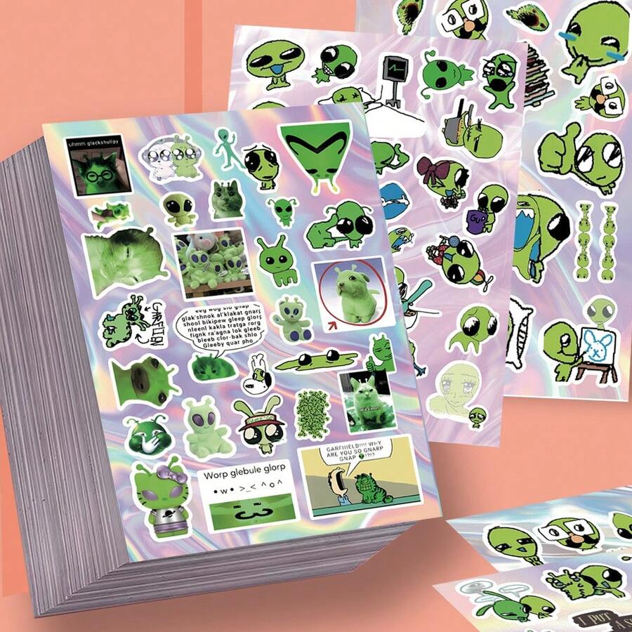 8pcs Cute Little Alien Die-Cut Stickers, Minimalist Adorable Waterproof Decals For Phone Case Packaging - Multicolor - View 1