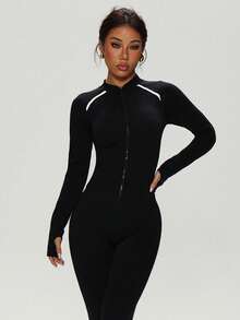 Jaket Fitness Pendek dengan Resleting Depan dan Garis Kontras, Atasan Olahraga Lengan Panjang Slim Fit dengan Lubang Jempol - Hitam - View 4