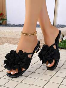 Sandalias de moda con decoración floral para mujer, casuales versátiles para playa de verano, con tacón de cristal, estilo minimalista - Negro - Ver 3