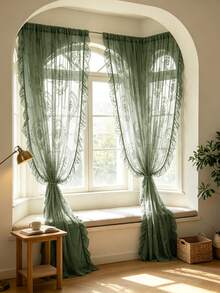 1pc Vintage Floral Lace Sheer Curtain, Retro Style Lightweight Long Pleated Ruffle Soft Light Gauze Curtain, Suitable For Home Decor All Seasons - Green - View 1