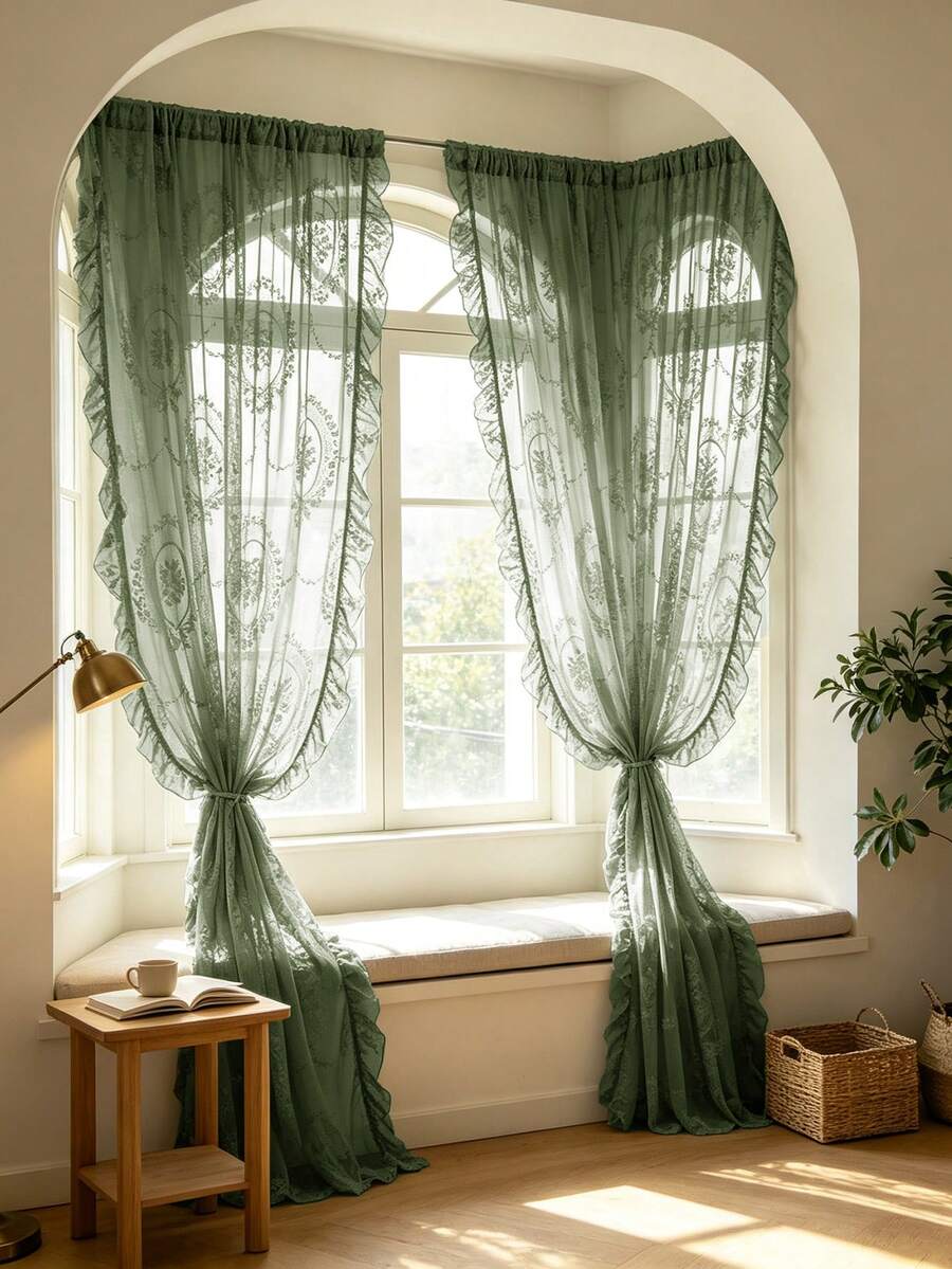 1pc Vintage Floral Lace Sheer Curtain, Retro Style Lightweight Long Pleated Ruffle Soft Light Gauze Curtain, Suitable For Home Decor All Seasons - Green - View 1