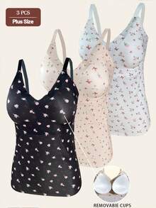 3pcs Seamless Ditsy Floral Camisole Tank Tops For Women Plus Size, Elastic Comfortable With Padded Cups, Innerwear And Outerwear - Multicolor - View 1