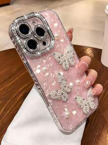 1PC 3D Pearl Butterfly Phone Case For 17 Pro Max, Super Cute New Style 16 Pro/15 New 14 Pro With Rhinestone Lens Film Full Coverage Anti-Drop 13/12 Creative Premium Protective Shell 11 - Pink - Pearl Butterfly - View 3