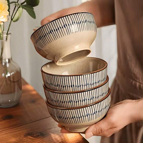 2/4pcs 4.5inch Thickened Ceramic Bowls, Blue Striped Design, Rice Bowl, Dessert Bowl, Soup Bowl, Noodle Bowl, Underglaze Design, Microwave , Suitable For Daily Use, Restaurant, Housewarming Gift