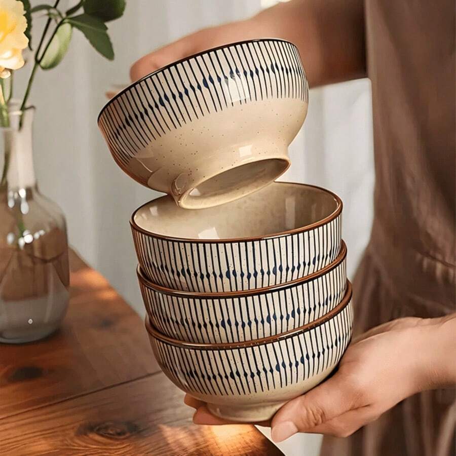 2/4pcs 4.5inch Thickened Ceramic Bowls, Blue Striped Design, Rice Bowl, Dessert Bowl, Soup Bowl, Noodle Bowl, Underglaze Design, Microwave , Suitable For Daily Use, Restaurant, Housewarming Gift - Multicolor - View 1