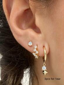 3pcs Exquisite Cubic Zirconia Inlaid Earrings Set, Suitable For Women's Daily Wear, Date, Party, Gathering, Layering - Yellow Gold - View 1