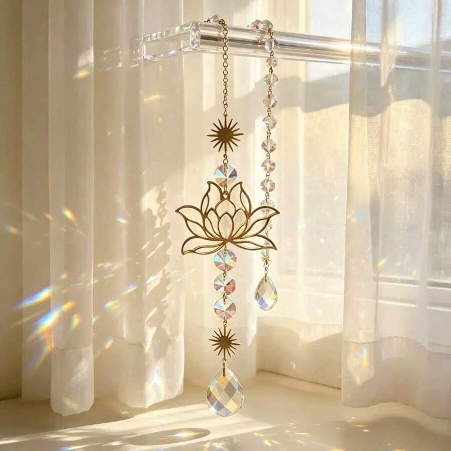 1pc Gold Lotus Crystal Light-Absorbing Pendant, Bedroom Living Room Home Decor Light Refraction Window Hanging Ornament - Lotus Crystal Wind Chime Pendant - View 1