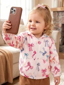Baby Girl Autumn Thin Bowknot All-Over Print Long Sleeve Hooded Zip-Up Sweatshirt With Pockets Casual Fashion Open Front Sweatshirt Top - Baby Pink - View 1