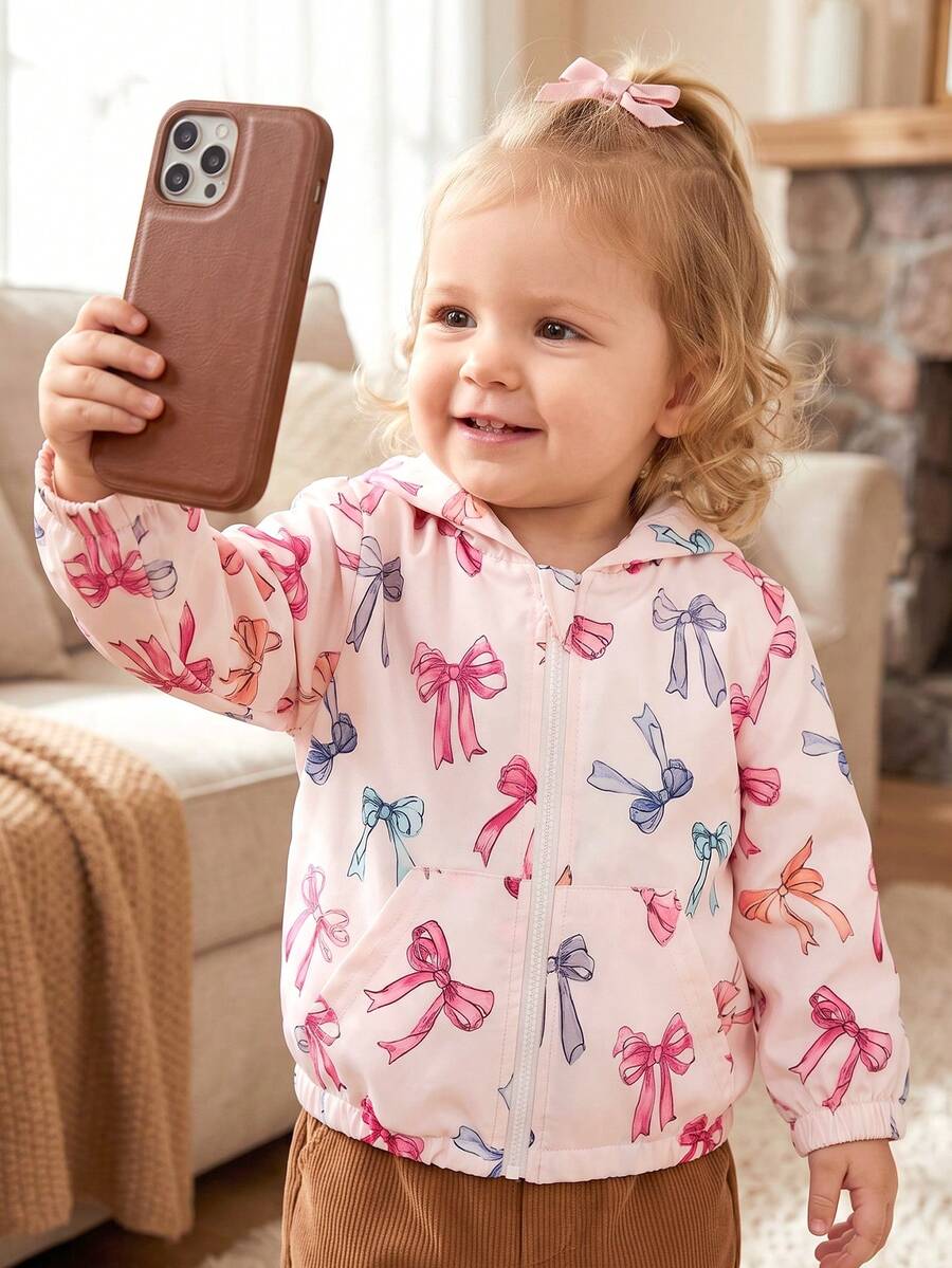 Baby Girl Autumn Thin Bowknot All-Over Print Long Sleeve Hooded Zip-Up Sweatshirt With Pockets Casual Fashion Open Front Sweatshirt Top - Baby Pink - View 1